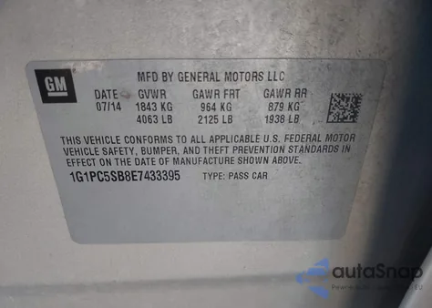 2014 Chevrolet Cruze 1Lt Auto z USA, uszkodzony, nr VIN 1G1PC5SB8E7433395